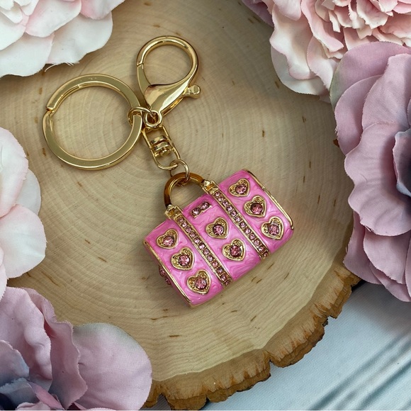 Chic Pink Crystal Heart Handbag Keychain Charm - Picture 3 of 9